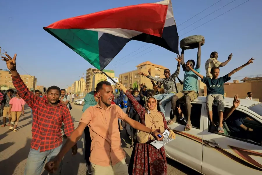 Protesters march during a rally marking the anniversary of the April uprising in Khartoum, Sudan on April 6, 2023. 