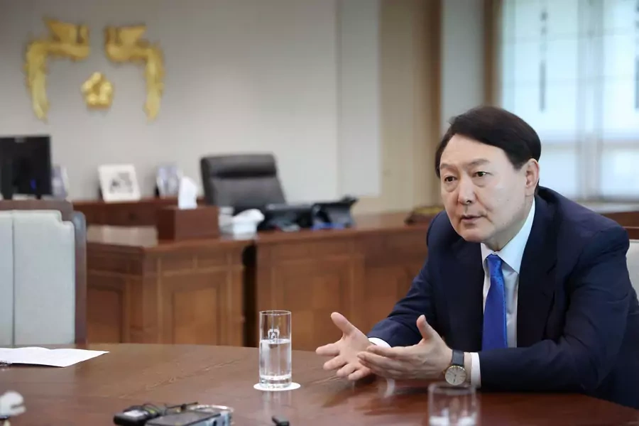 South Korean President Yoon Suk-yeol speaks during an interview with Reuters at the Presidential Office in Seoul, South Korea on April 18, 2023.