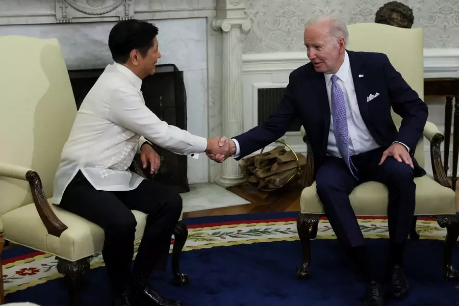 U.S. President Joe Biden greets Philippine President Ferdinand Marcos Jr. during a bilateral meeting in the Oval Office at the White House in Washington on May 1, 2023. 