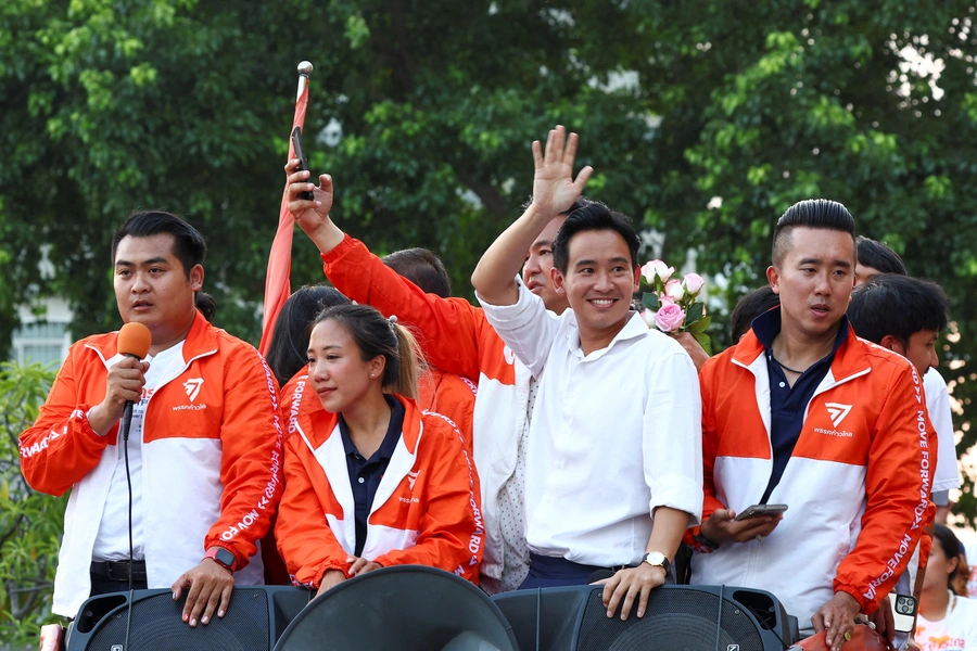 Move Forward Party leader and prime ministerial candidate Pita Limjaroenrat waves to supporters as they celebrate the party's election results in Bangkok, Thailand, on May 15, 2023. 