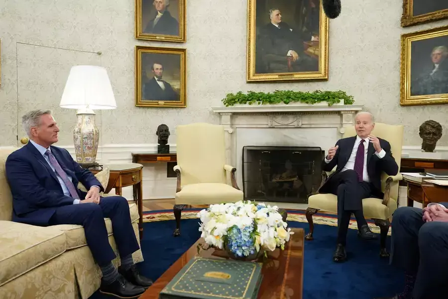 U.S. President Joe Biden hosts discussions over raising the debt limit with House Speaker Kevin McCarthy (R-CA) in the Oval Office at the White House.
