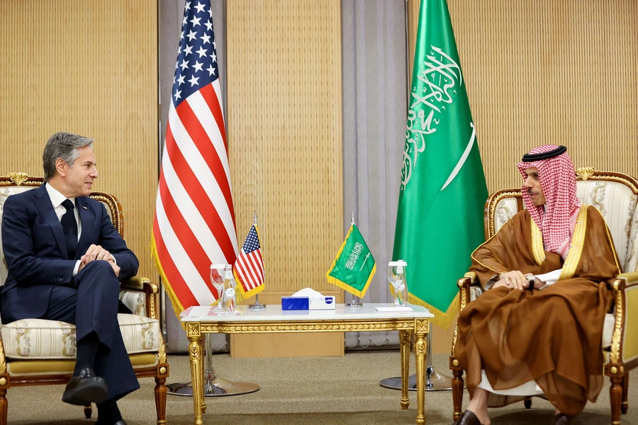 U.S. Secretary of State Antony Blinken meets with Saudi Arabia's Foreign Minister Prince Faisal bin Farhan, in Riyadh, Saudi Arabia, on June 7, 2023.