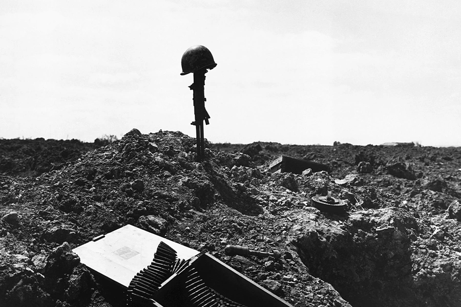 A monument to an unknown American soldier who died in the D-Day assault was constructed on the shell-blasted shore of Normandy shortly after the invasion.