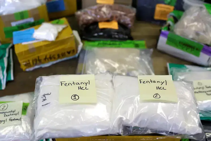Plastic bags of fentanyl are displayed on a table at the U.S. Customs and Border Protection area at the International Mail Facility at O'Hare International Airport in Chicago on November 29, 2017.