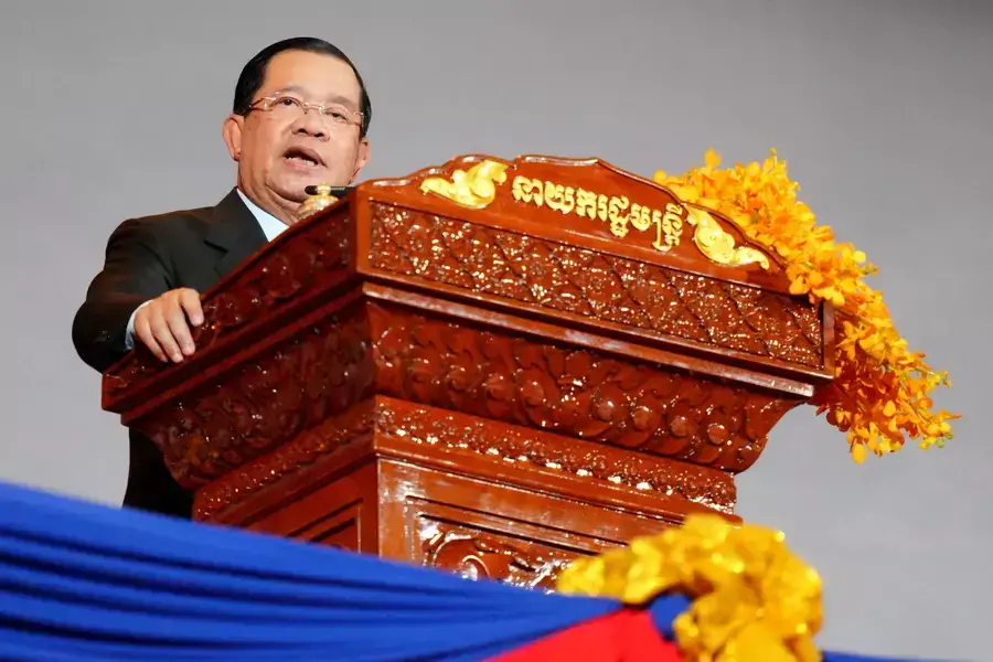 Cambodian Prime Minister Hun Sen speaks during the closing ceremony of the Southeast Asian Games in Phnom Penh, Cambodia, on May 17, 2023.