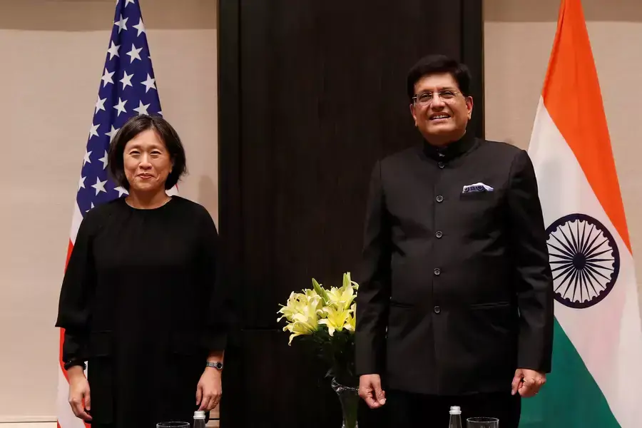 U.S. Trade Representative Katherine Tai and India's Minister of Commerce and Industry Piyush Goyal poses for a picture before the start of their meeting in New Delhi, India on November 22, 2021.