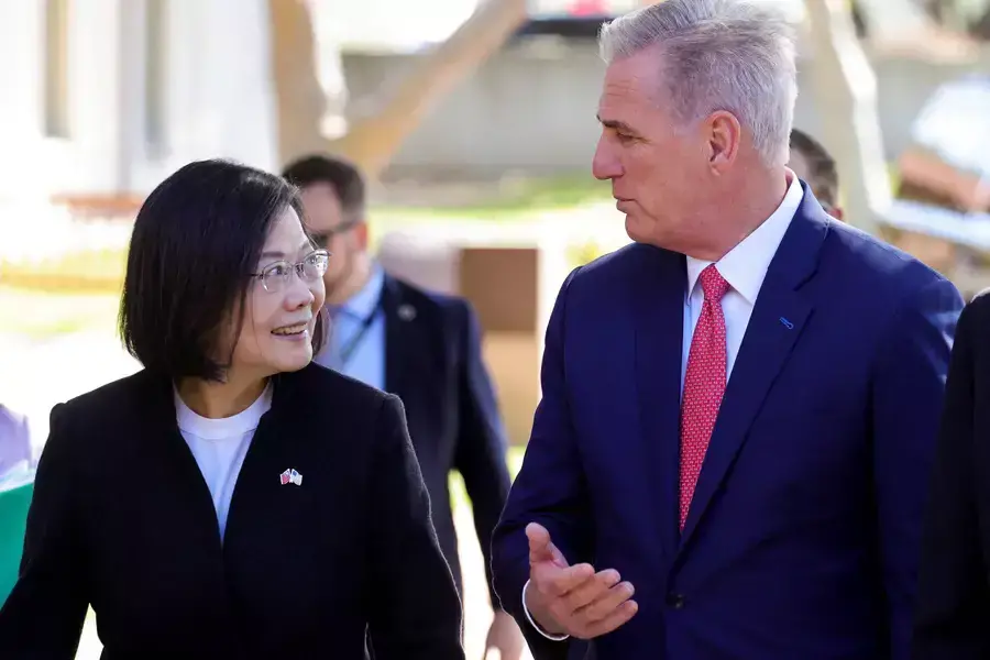 Taiwan's President Tsai Ing-wen met with U.S. Speaker of the House Kevin McCarthy at the Ronald Reagan Presidential Library in Simi Valley, California, on April 5, 2023