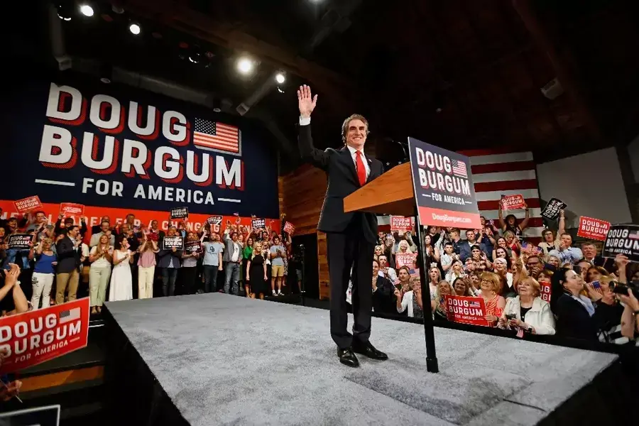 North Dakota Governor Doug Burgum announces his candidacy for 2024 Republican presidential nomination in Fargo, North Dakota, on June 7, 2023. 