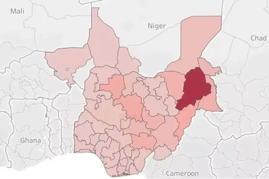 The map depicts deaths by state. Borno State, in Nigeria's North East, is the epicenter of Boko Haram-related violence, which has also spilled into neighboring Adamawa and Yobe states, among others.