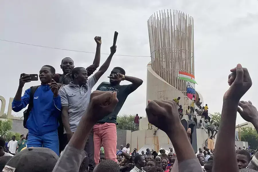 Supporters of the Nigerien defense and security forces gather during a demonstration outside the national assembly in Niamey, Niger on July 27, 2023.