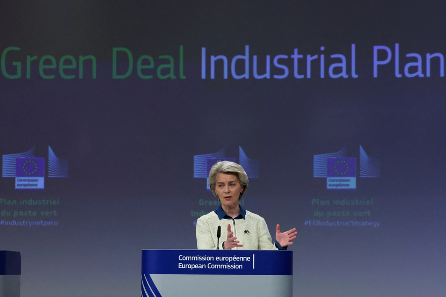 European Commission President Ursula presents a "communication" detailing the EU's "Green Deal Industrial Plan" in Brussels, Belgium