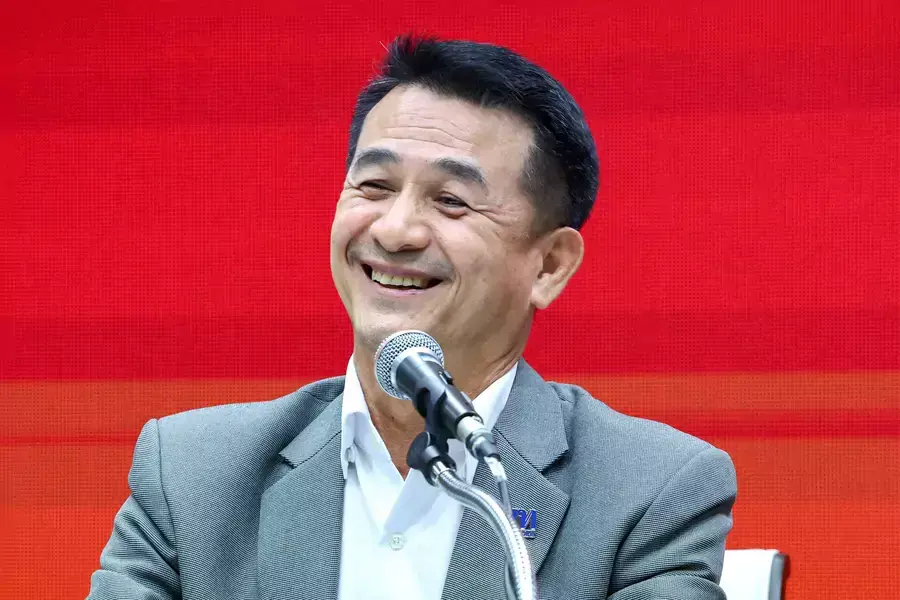 Pheu Thai Party leader Chonlanan Srikaew smiles during a press conference discussing the exit of Thailand's election-winning Move Forward Party from a coalition of parties in Bangkok, Thailand, on August 2, 2023.