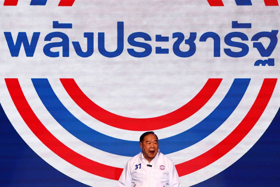 Palang Pracharat party's candidate for prime minister, Prawit Wongsuwan, gestures from a stage during a major rally event ahead of the general election in Bangkok, Thailand, on May 12, 2023.