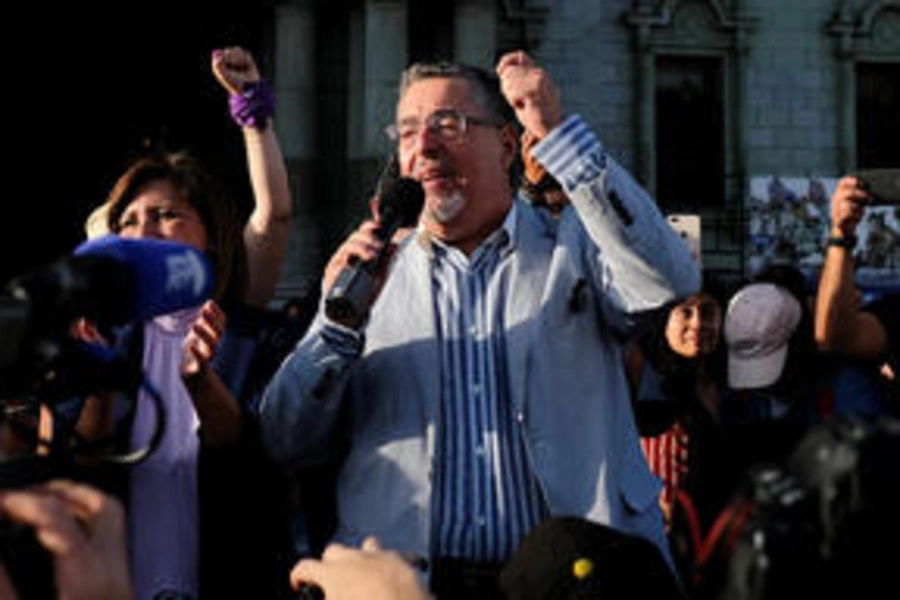 President-elect Bernardo Arévalo addresses crowd of supporters at rally in Parque Central.