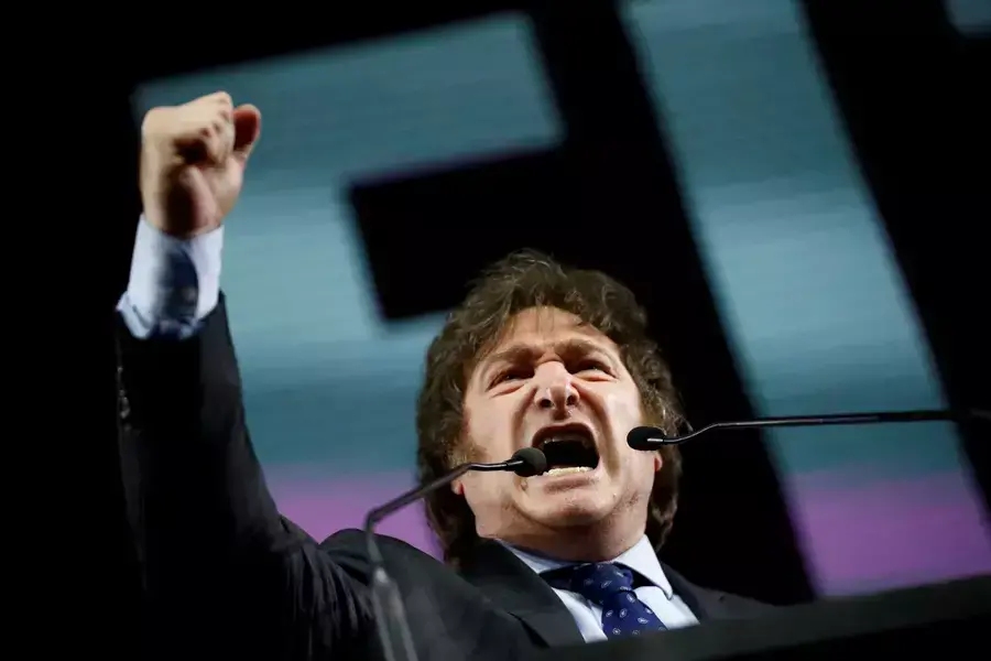 Argentine Presidential Candidate Javier Milei speaks at campaign event in Buenos Aires.