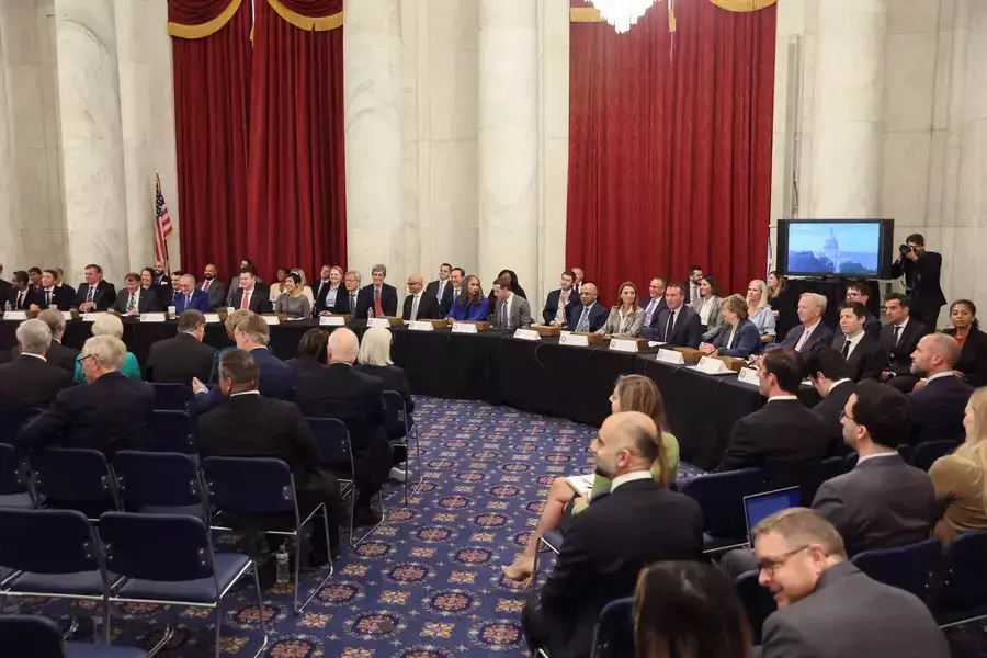 Technology leaders take their seats for the start of a bipartisan Artificial Intelligence (AI) Insight Forum for all U.S. senators hosted by Senate Majority Leader Chuck Schumer (D-NY).