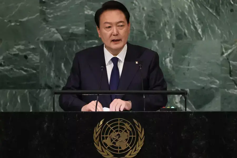 South Korea's President Yoon Suk Yeol addresses the 77th Session of the United Nations General Assembly at the UN Headquarters in New York City on September 20, 2022.