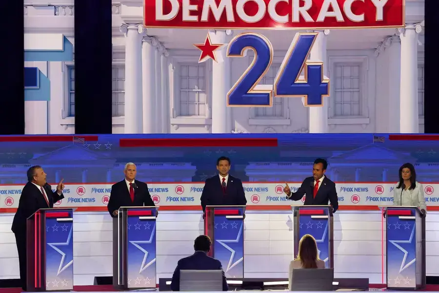 Republican presidential candidates Chris Christie, Vivek Ramaswamy, Mike Pence, Ron DeSantis, and Nikki Haley participate in the first Republican presidential debate on August 23 in Milwaukee.