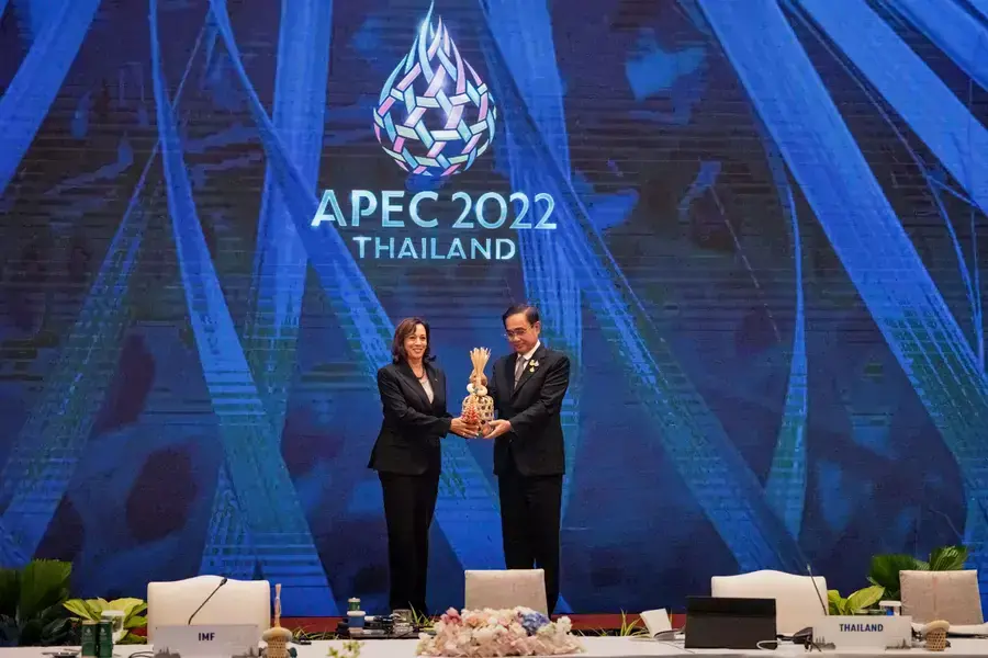 U.S. Vice President Kamala Harris and then-Prime Minister of Thailand Prayut Chan-o-cha hold Chalom, a bamboo basket symbolizing the baton, for the U.S. being the next host of the APEC summit in Bangkok, Thailand, on November 19, 2022.