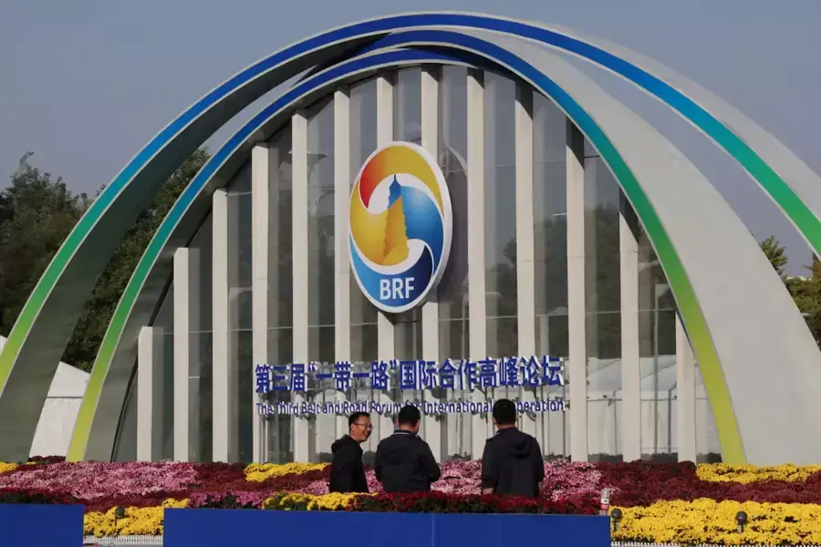 Signage for the third Belt and Road Forum for International Cooperation is seen in front of the China National Convention Center in Beijing, China.