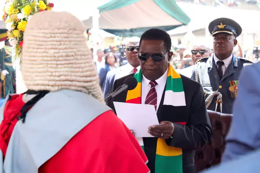 Zimbabwe President Emmerson Mnangagwa takes an oath of office during his inauguration at the National Sports Stadium in Harare, Zimbabwe on September 4, 2023. 