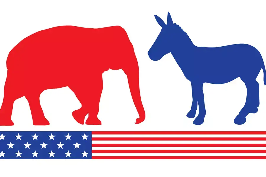 Illustration of Democratic and Republican icons facing each other. 