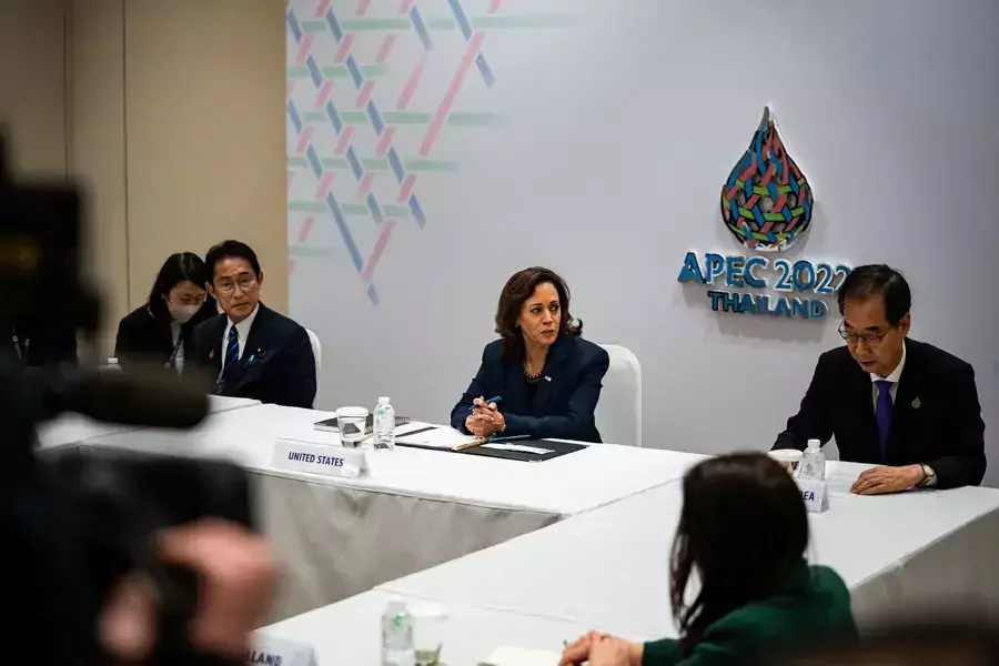 U.S. Vice President Kamala Harris, holds a meeting with Prime Minister Fumio Kishida of Japan, Prime Minister Han Duck-soo of the Republic of Korea, and other leaders at the Asia-Pacific Economic Cooperation (APEC) summit in Thailand on November 18, 2022.