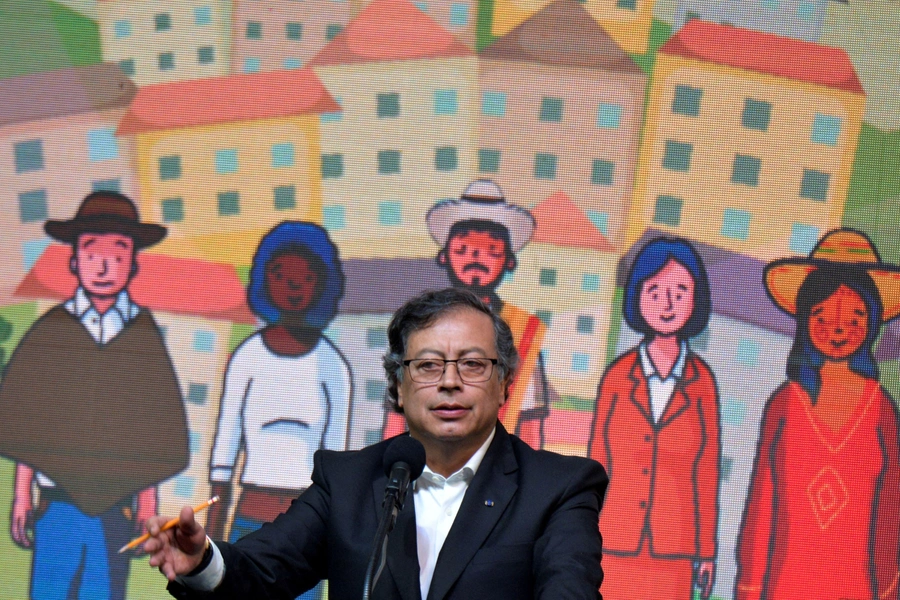 Colombian President Gustavo Petro attends a ceremony to formally begin the ceasefire between the Colombian government and the ELN on August 3, 2023.