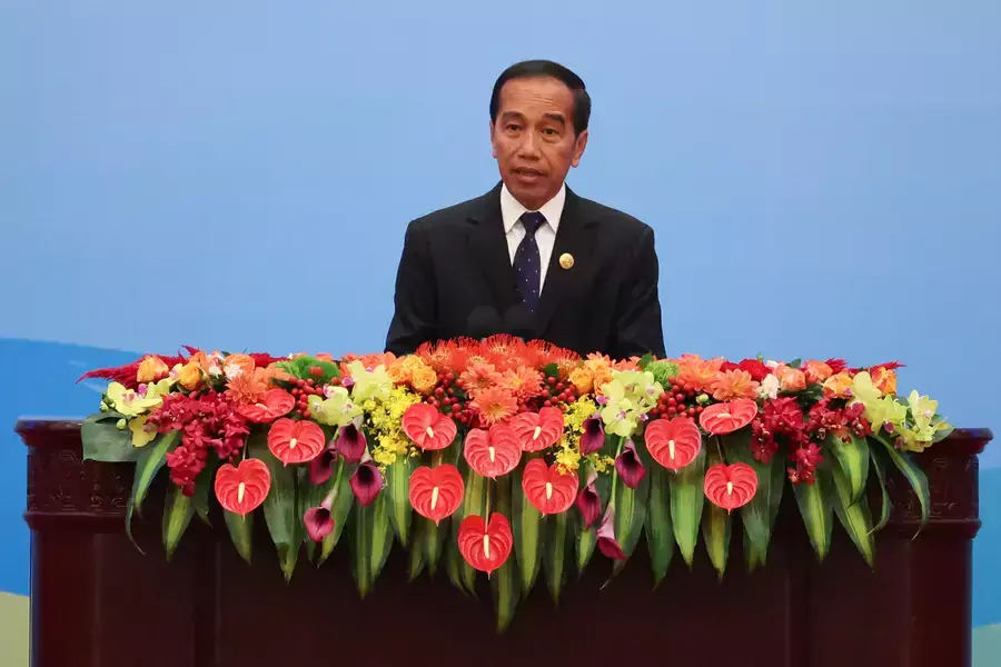 Indonesian President Joko Widodo speaks at the opening ceremony of the Belt and Road Forum (BRF), to mark the 10th anniversary of the Belt and Road Initiative at the Great Hall of the People in Beijing on October 18, 2023.