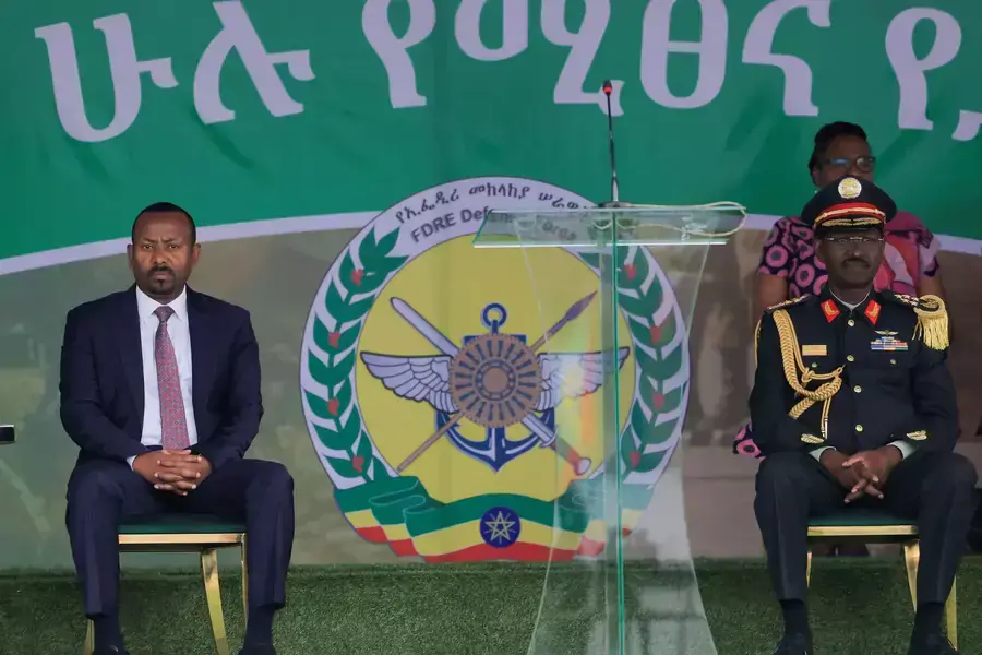 Ethiopia's Prime Minister Abiy Ahmed and Army Chief of General Staff, Birhanu Jula, watch a military parade during the 116th celebration of the Ethiopian Defense Force in Addis Ababa, Ethiopia on October 26, 2023.