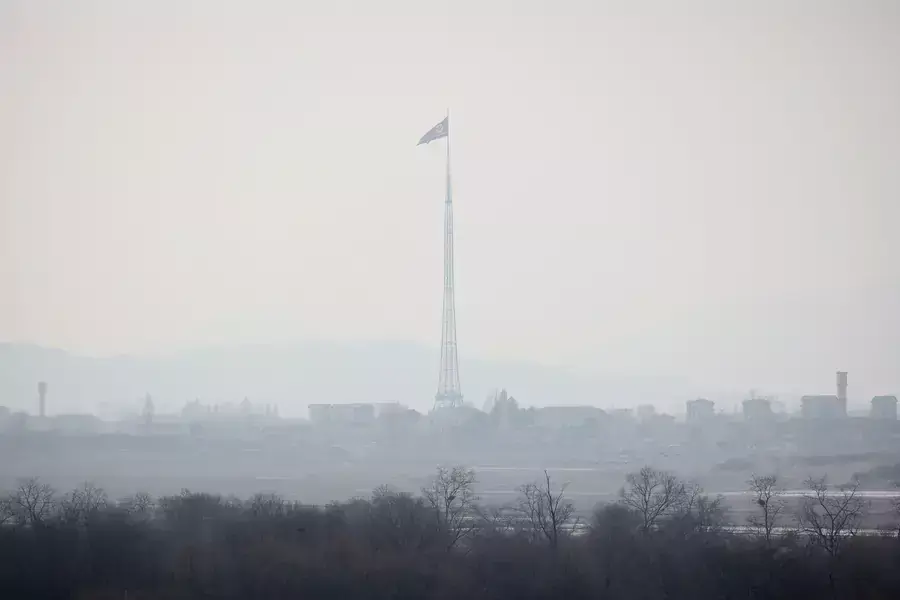A North Korean flag flutters at the propaganda village of Gijungdong in North Korea, in this picture taken inside the demilitarized zone separating the two Koreas on February 7, 2023.