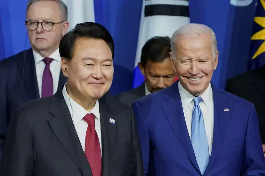U.S. President Joe Biden and South Korea's President Yoon Suk Yeol at the Asia-Pacific Economic Cooperation summit in San Francisco on November 16, 2023.