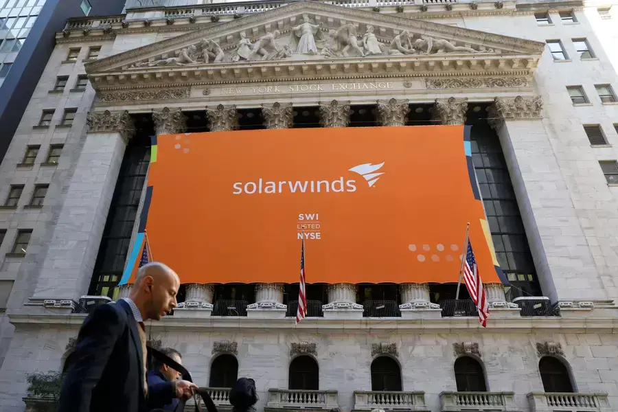 SolarWinds banner hangs at the New York Stock Exchange (NYSE) on the day of the company's initial public offering in New York on October 19, 2018.