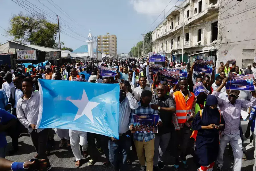 Somali protesters march against the Ethiopia-Somaliland port deal at the Yarisow stadium in Mogadishu, Somalia on January 3, 2024.