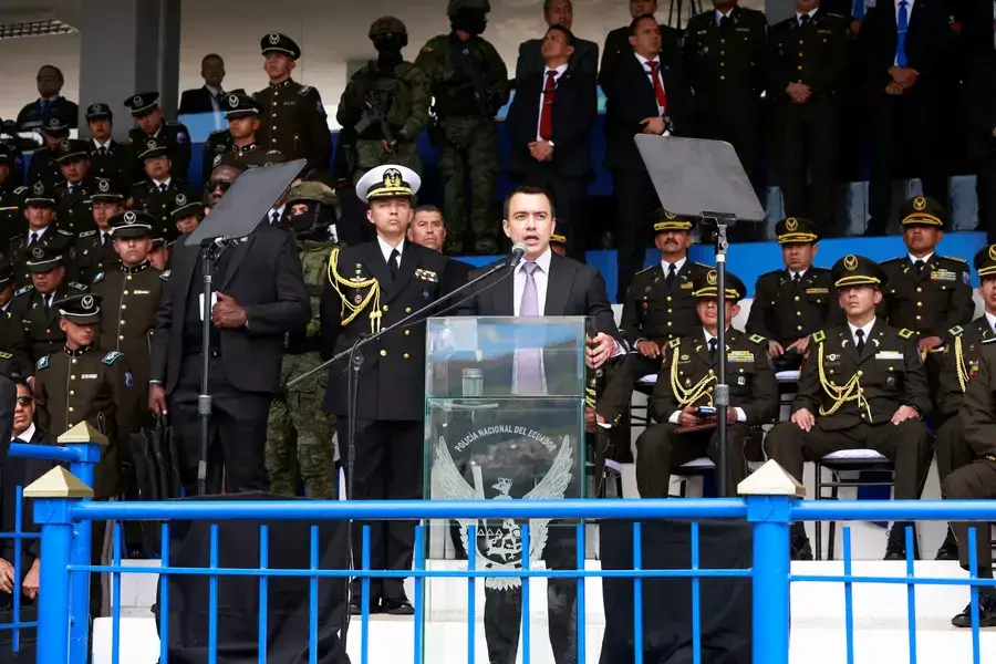 Ecuadorian President Daniel Noboa gives a speech during a ceremony to deliver equipment to the national police on January 22, 2024.