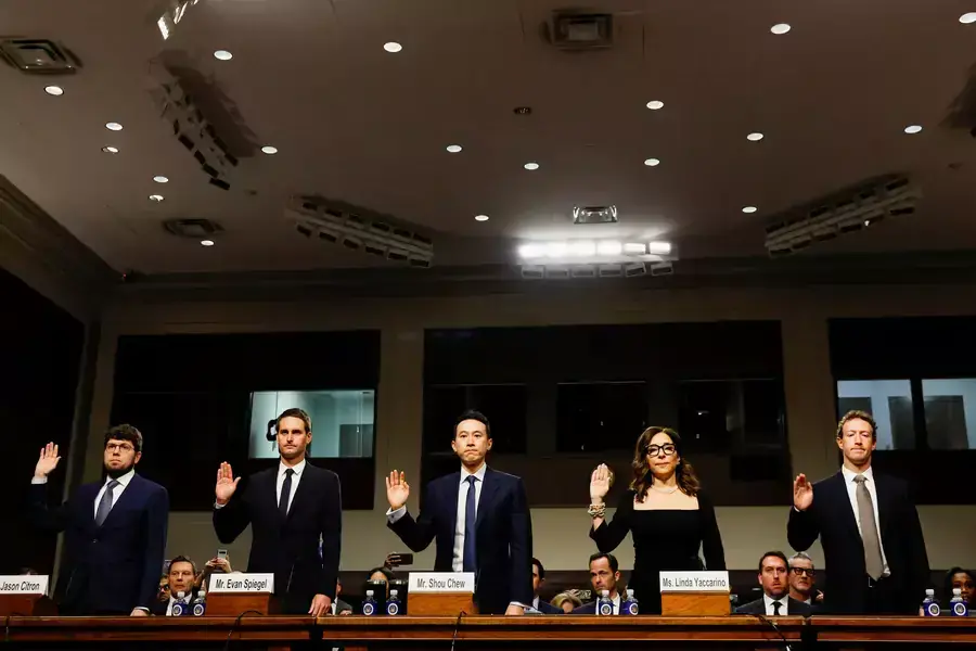 Meta's CEO Mark Zuckerberg, X Corp's CEO Linda Yaccarino, TikTok's CEO Shou Zi Chew, and Discord's CEO Jason Citron are sworn in during the Senate Judiciary Committee hearing on online child sexual exploitation at the U.S. Capitol in Washington, D.C.