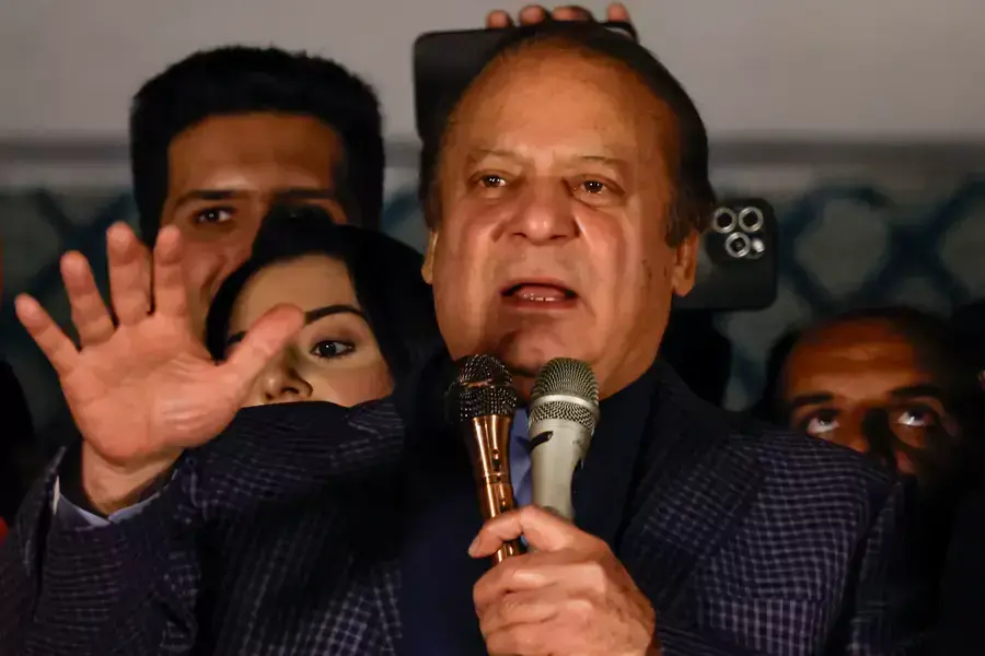 Former Prime Minister of Pakistan Nawaz Sharif speaks at the party office of Pakistan Muslim League in Lahore, Pakistan, on February 9, 2024. 