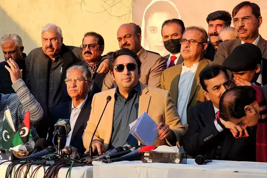 Bilawal Bhutto Zardari, Chairman of the Pakistan Peoples Party (PPP), addresses a press conference in Islamabad, Pakistan, February 13, 2024.