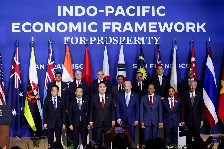 Leaders of the Indo-Pacific Economic Framework (IPEF) take a group photo at the Asia-Pacific Economic Cooperation (APEC) CEO Summit in San Francisco on November 16, 2023.
