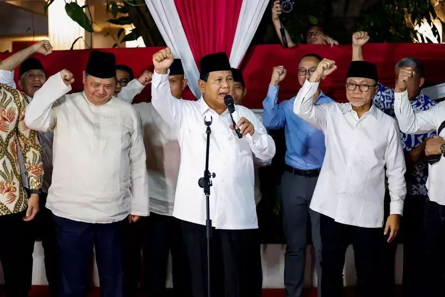 Indonesia's front-runner presidential candidate gestures as he delivers his speech after the country's election commission announced last month's presidential election result, in Jakarta, Indonesia, on March 20, 2024.