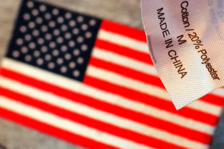 Illustration of American flag and a tag that reads “Made in China.” 