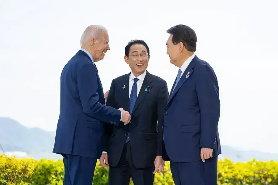 President Joe Biden, Prime Minister Fumio Kishida, and President Yoon Suk-yeol (left to right) at the May 2023 G7 Summit in Hiroshima, Japan. 