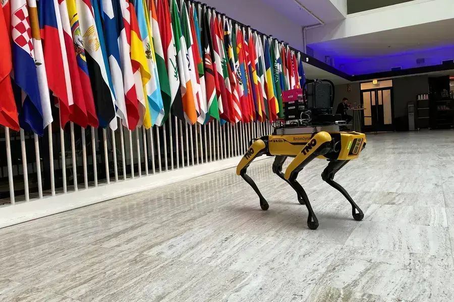 A robotic dog is shown at the Responsible Artificial Intelligence in the Military (REAIM) summit on the responsible use of military artificial intelligence in The Hague, Netherlands, on February 15, 2023.