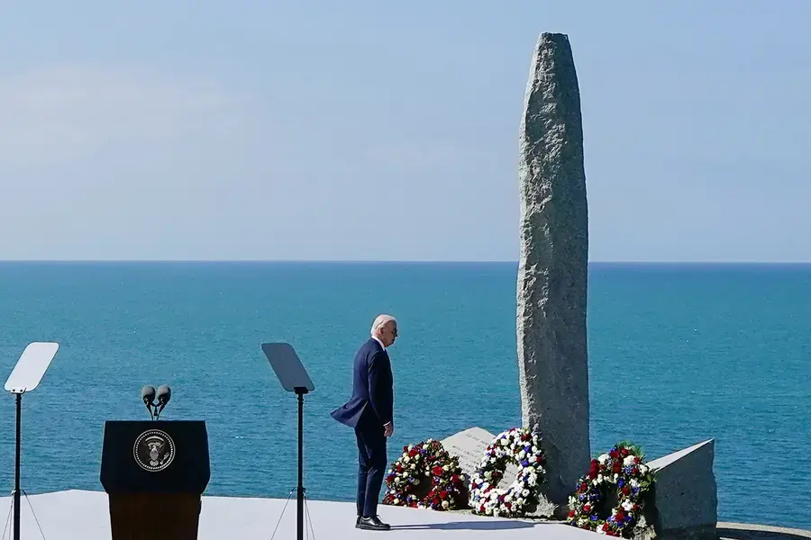 U.S. President Joe Biden visits the Pointe du Hoc Ranger Monument in Cricqueville-en-Bessin, Normandy, France, on June 6, 2024. 