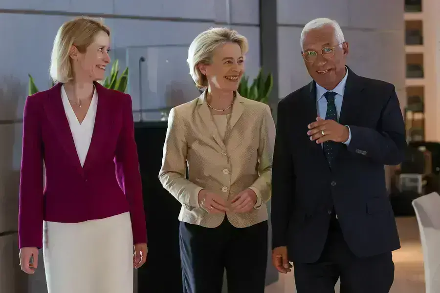 European Commission President Ursula Von der Leyen, Estonian Prime Minister Kaja Kallas, and former Portuguese Prime Minister Antonio Costa during a meeting at Brussels Airport, a day after the EU summit in Brussels, Belgium, 28 June 2024.