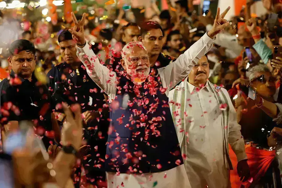 Indian Prime Minister Narendra Modi gestures as he arrives at Bharatiya Janata Party (BJP) headquarters in New Delhi, India, June 4, 2024. 