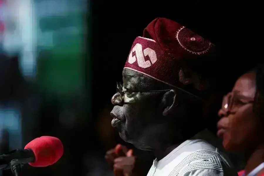 Nigerian President Bola Tinubu speaks at the National Collation Centre in Abuja, Nigeria on March 1, 2023.