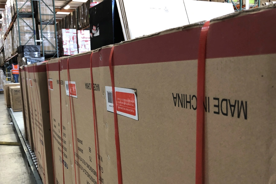 Boxes marked 'Made in China' are lined up in NewAir's warehouse in Cypress, CA.