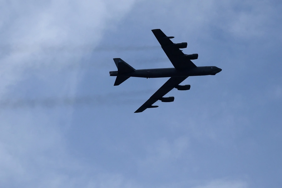 A USAF B-52H Stratofortress bomber flies over Farnborough International Airshow, in Farnborough, Britain, on July 24, 2024.