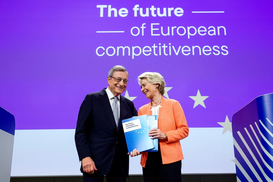 European Commission President Ursula von der Leyen holds Former European Central Bank (ECB) chief Mario Draghi's report on EU competitiveness and recommendations, as they attend a press conference, in Brussels, Belgium on September 9, 2024